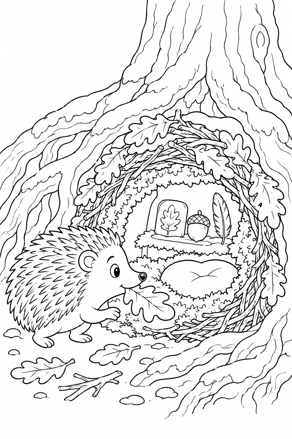 Ausmalbild: Igel-Geist baut letztes Blatt in Winterschlaf-Nest ein, Querschnitt zeigt gemütliches Inneres