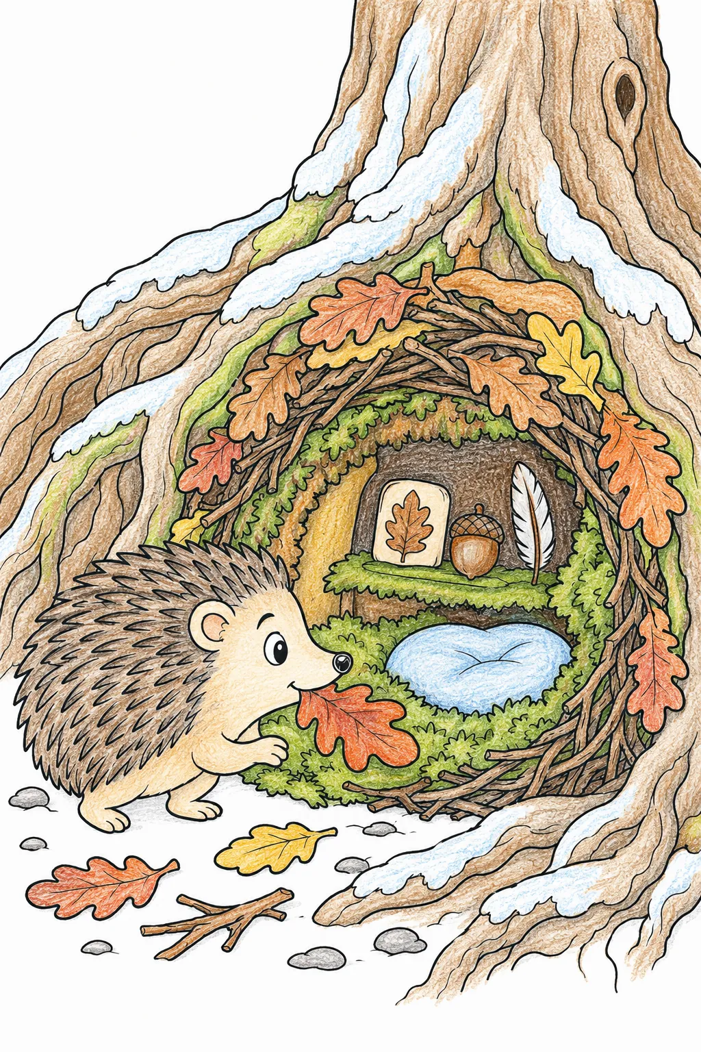 Igel-Geist bereitet sein perfektes Winterschlaf-Nest vor: Blätter Moos und eine Laubhülle