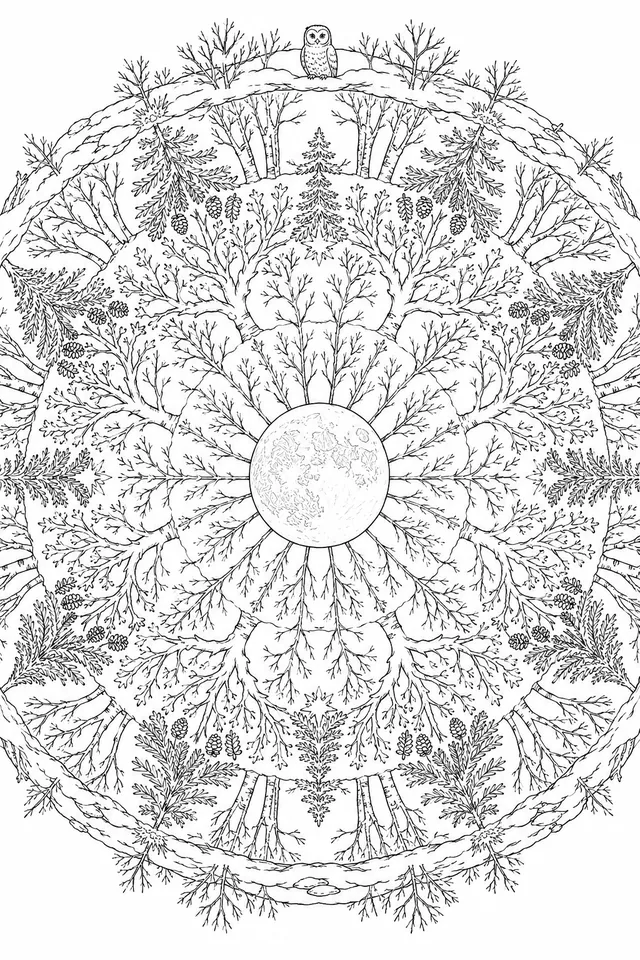 Winter Forest Moonlit Night Mandala: Tree Silhouettes Forming Concentric Light and Shadow Patterns
