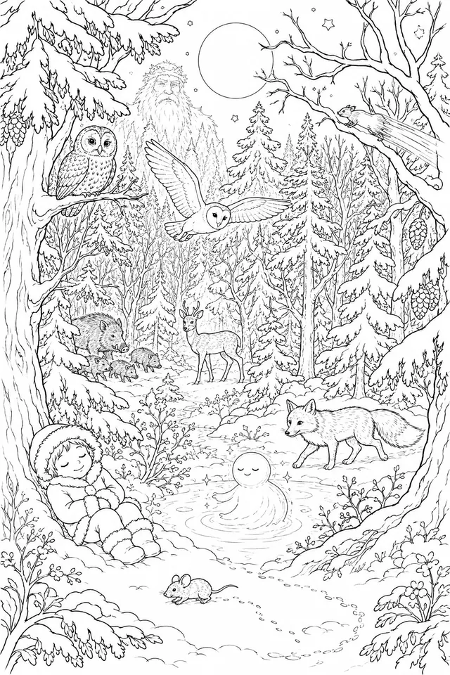 Winterwald-Vollmond-Wimmelbild: Die Nacht gehört den Geistern und Tieren die du nur im Mondlicht siehst