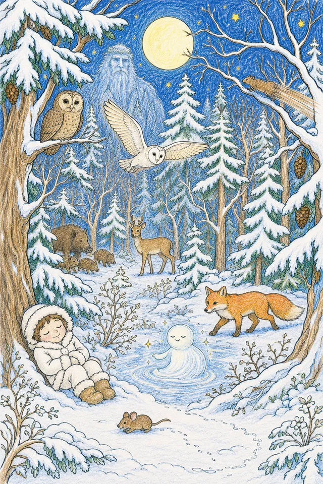Ausmalbild: Winterwald bei Vollmond mit 11 versteckten Geistern und Tieren im Mondlicht