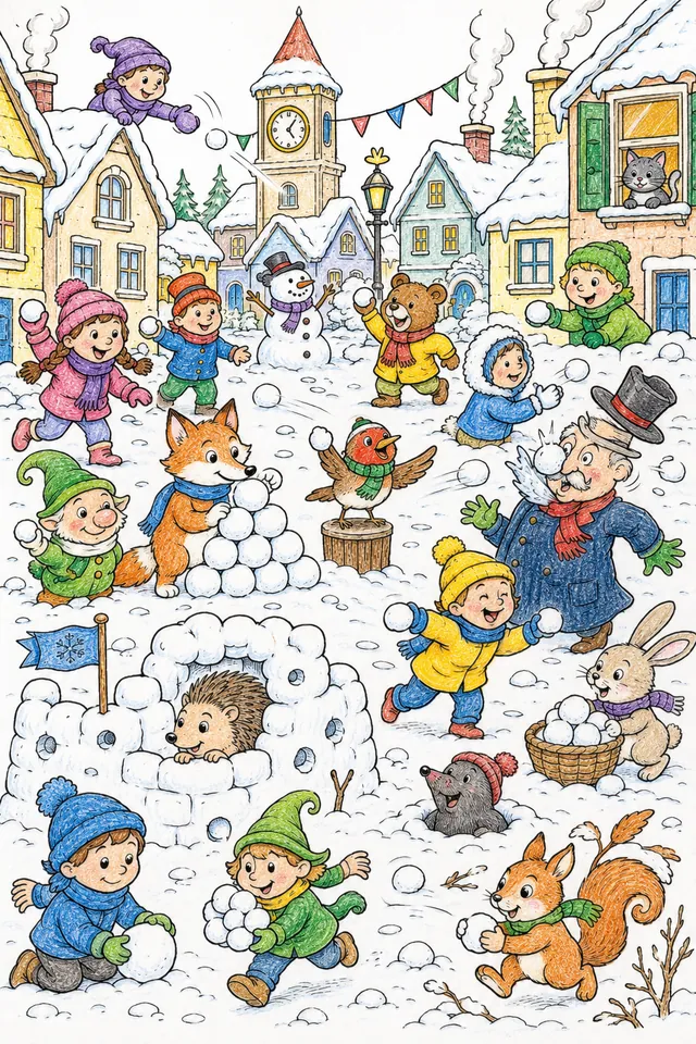 Ausmalbild: Chaotische Winter-Schneeballschlacht im Dorfplatz zwischen Naturgeistern und Kindern