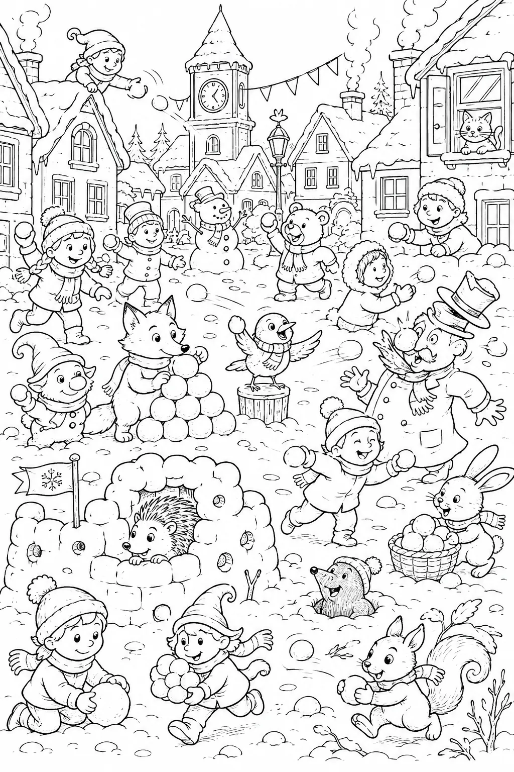 涂色页：村庄广场自然精灵和孩子们之间混乱的冬天雪球大战