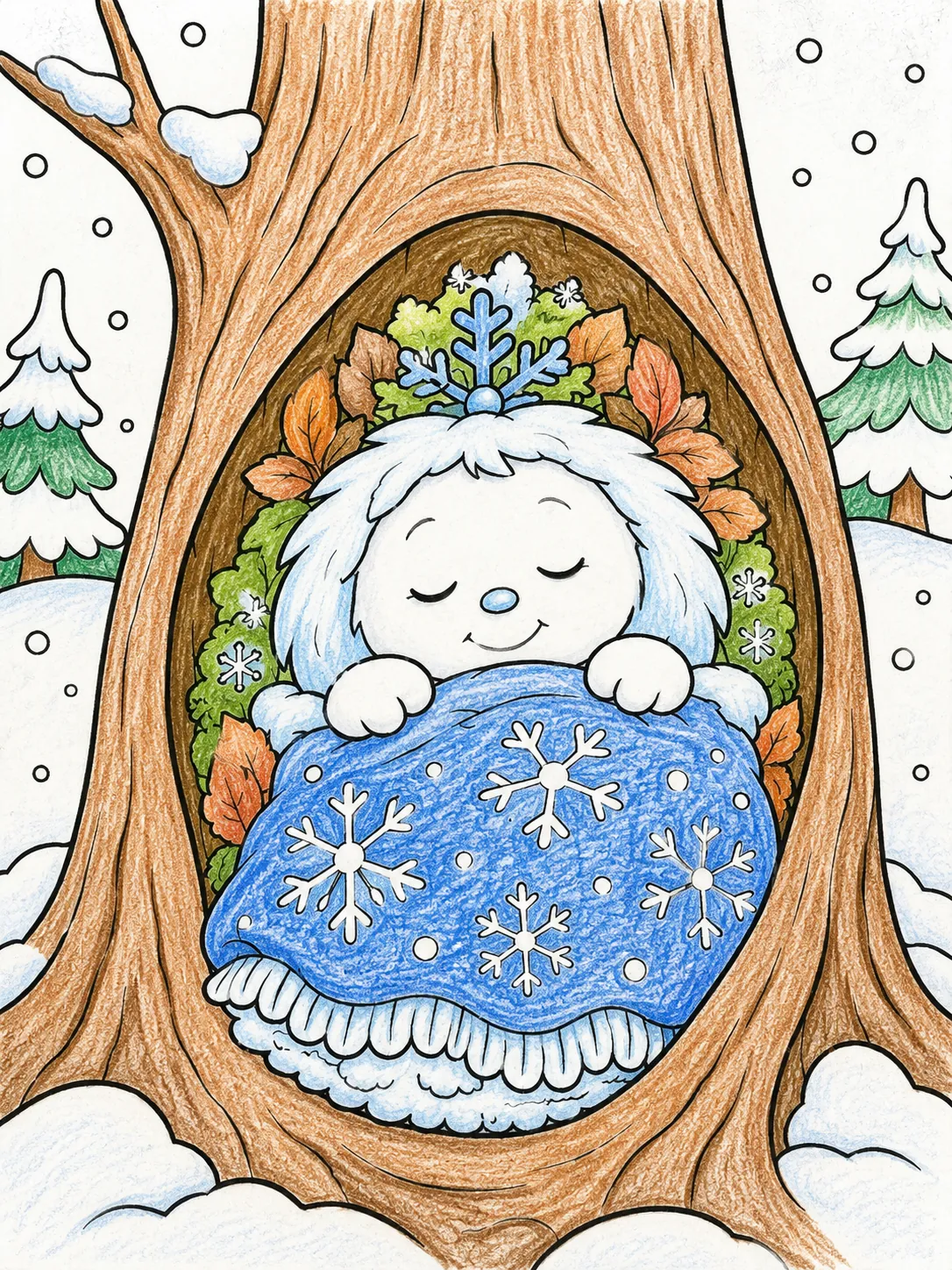 Wintergeist schläft in einem hohlen Baum