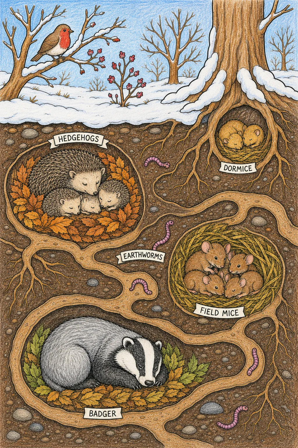 Winterschlaf-Wimmelbild: Tiere schlafen unter der Erde