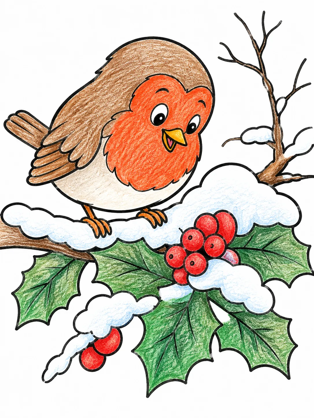 Rotkehlchen findet rote Beeren im Schnee