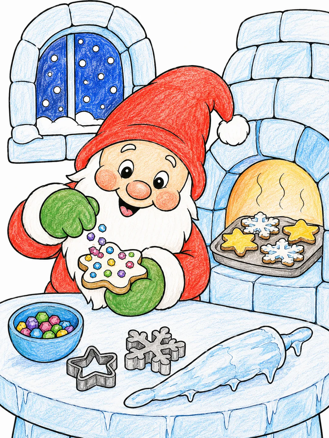 Winterzwerg bäckt Schnee-Plätzchen