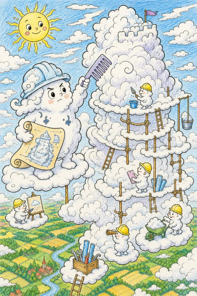 Ausmalbild: Wolken-Architekt formt hoch oben riesigen Kumulonimbus-Turm, Sommerland-Schaft tief darunter
