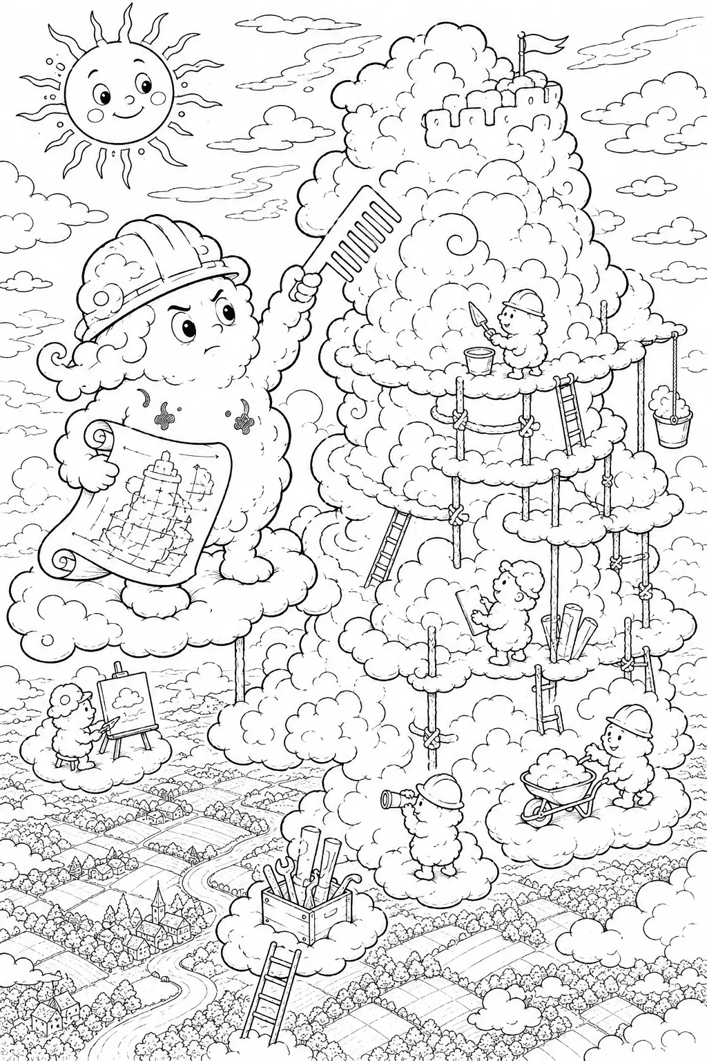 涂色页：高处的云朵建筑师塑造巨大的积雨云塔，远处下方的夏天景观
