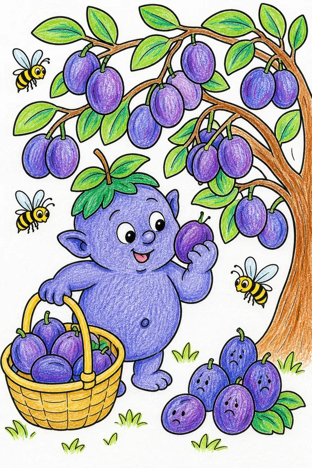 Ausmalbild: Lila Zwetschgen-Kobold prüft Früchte am Baum, neben ihm ein Haufen abgelehnter trauriger Zwetschgen
