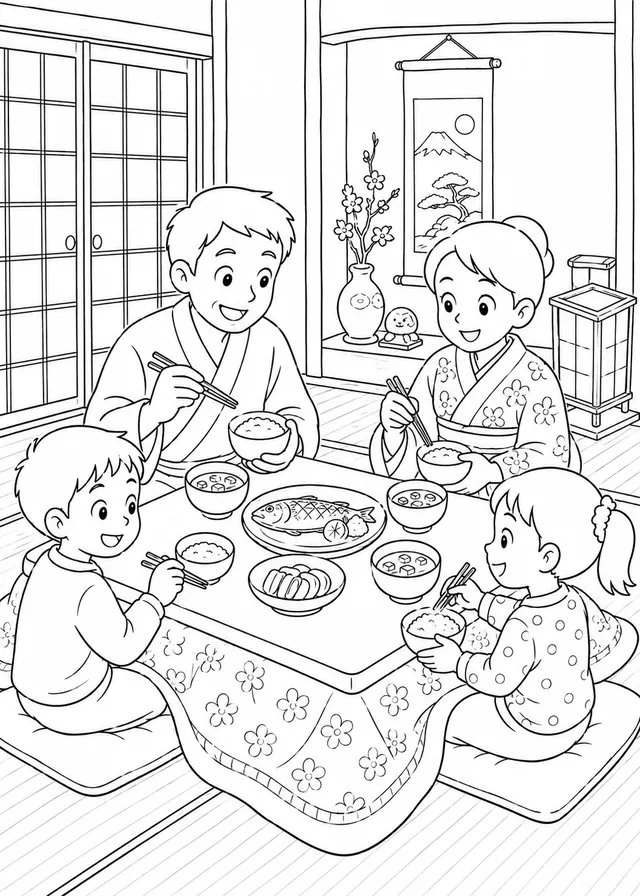 Japanische Familie sitzt beim gemeinsamen Abendessen um einen niedrigen Tisch