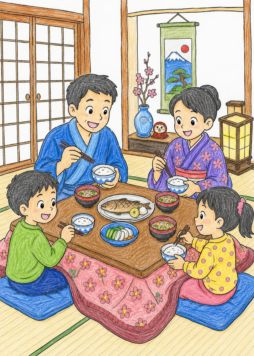 Japanische Familie sitzt beim gemeinsamen Abendessen um einen niedrigen Tisch