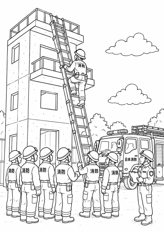 Japanische Feuerwehrmänner trainieren an einer hohen Leiter beim Übungsturm