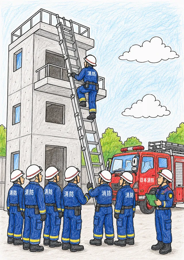 Japanische Feuerwehrmänner in Uniformen mit japanischen Schriftzeichen trainieren an hohem Übungsturm