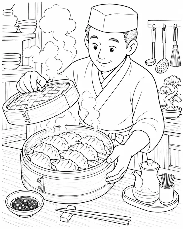 Japanische Köchin dämpft Gyōza-Teigtaschen