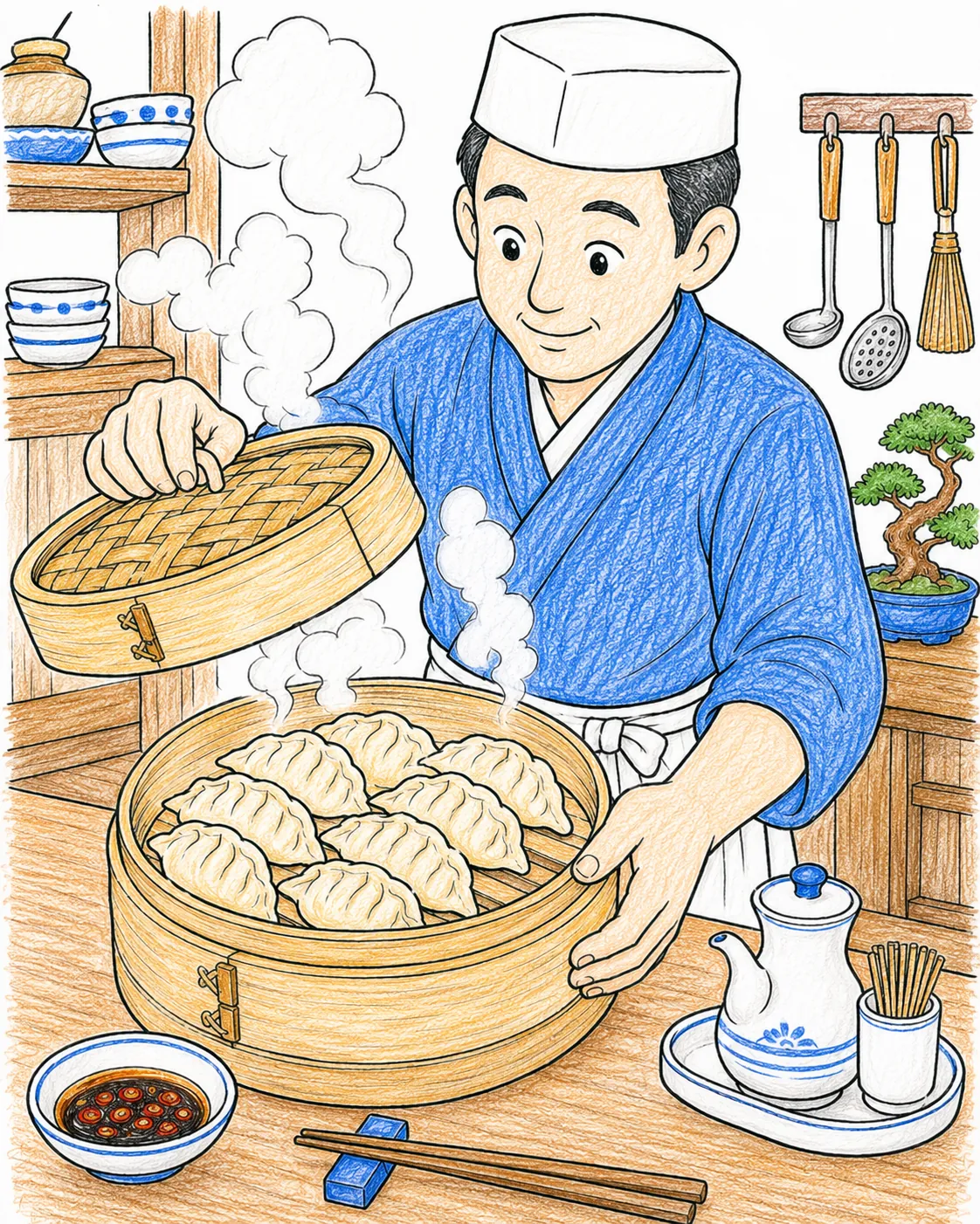 Japanische Köchin dämpft Gyōza-Teigtaschen