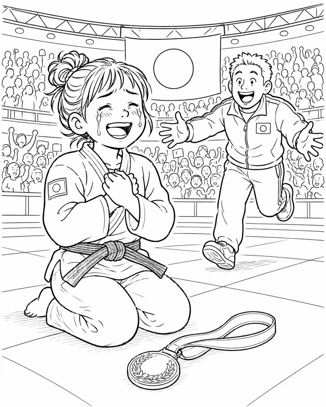 Japanese judoka in white gi kneeling with tears of joy on mat, gold medal in front of her