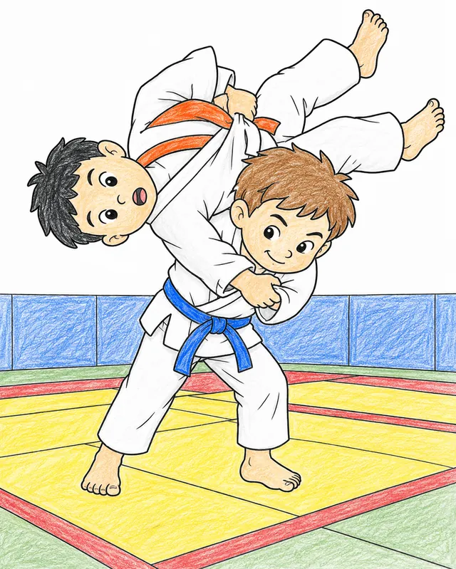 Judoka im weißen Gi wirft Gegner dynamisch über den Rücken auf Tatami