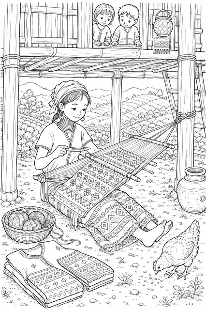 竹织机前的克伦族织女