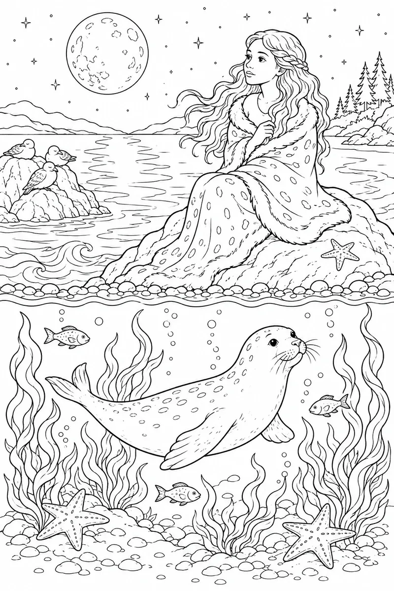 Diptychon mit Selkie als Robbe unter Wasser und als Frau auf einem Felsen im Mondlicht