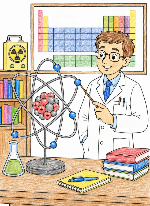核物理学家用模型讲解原子结构 – 涂色效果预览