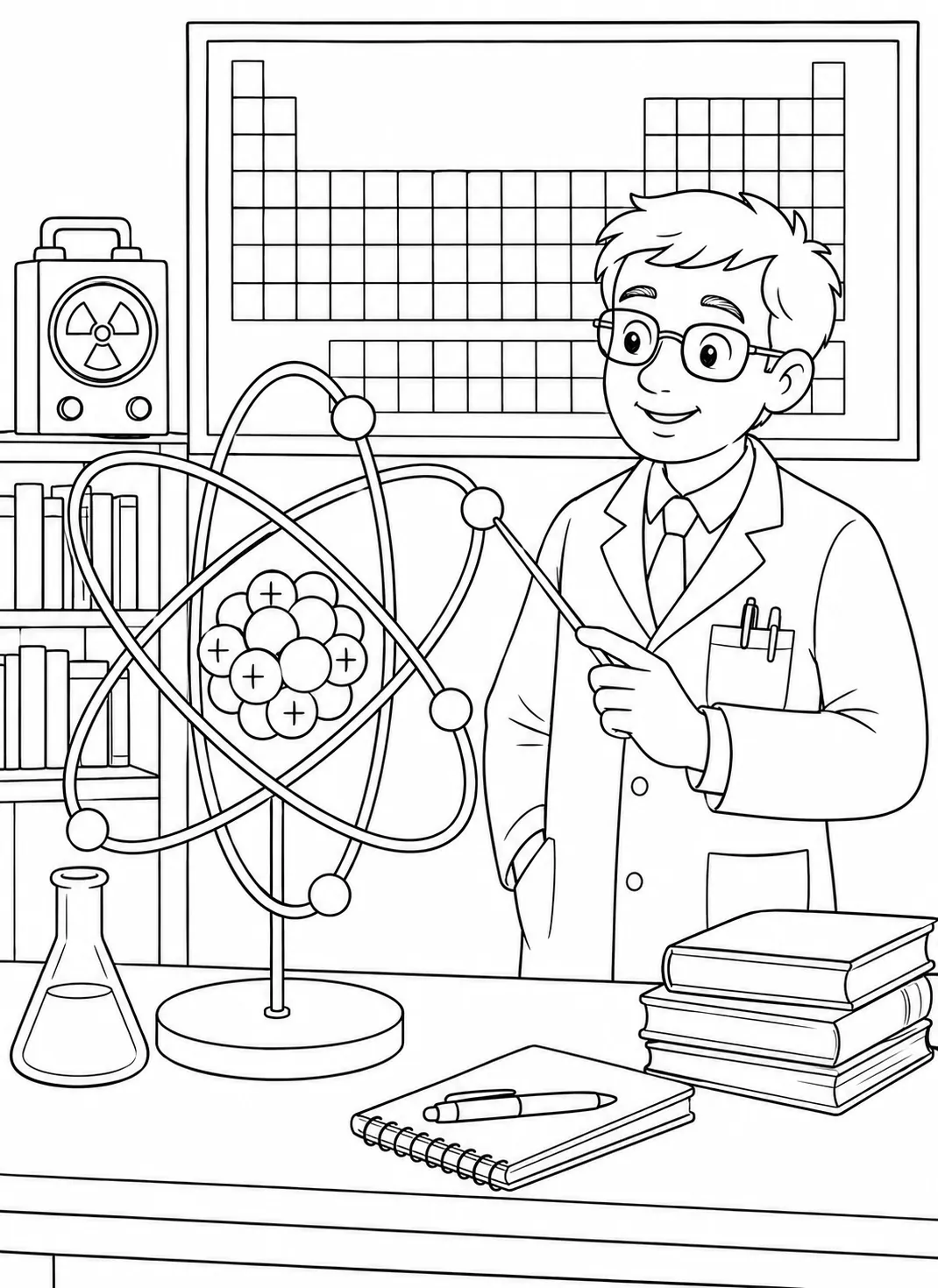 涂色页：核物理学家指向带核和电子轨道的三维原子结构模型，背景中可见周期表