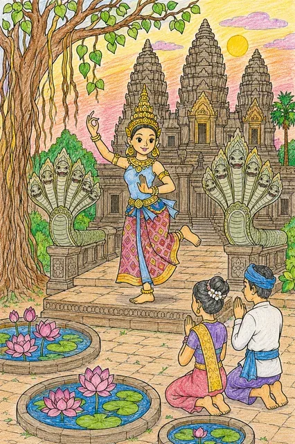 Apsara-Tänzerin auf Steinplattform vor drei Khmer-Tempeltürmen mit Naga-Balustraden
