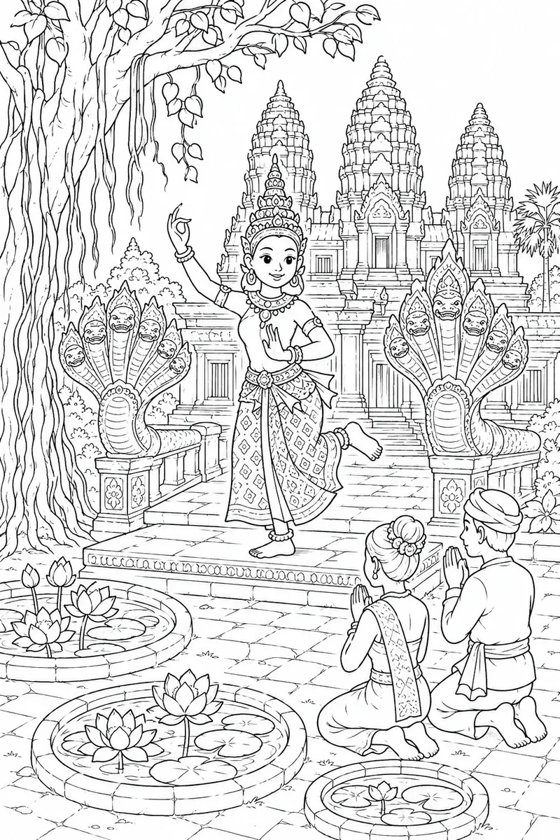 石台上的飞天舞者立于三座高棉塔影前