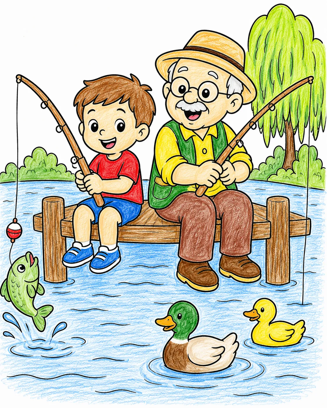 孩子和爷爷在湖边木栈桥上钓鱼