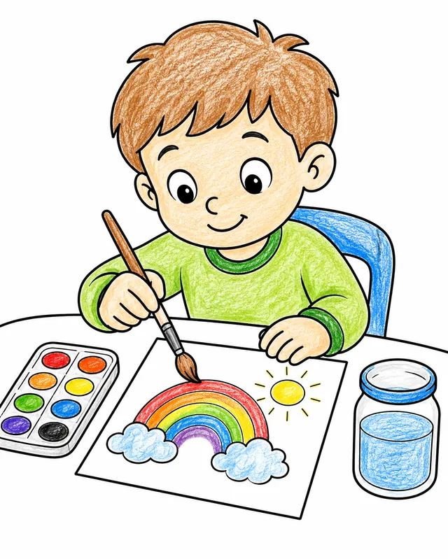 涂色页：孩子在桌旁用画笔和调色盘画水彩画