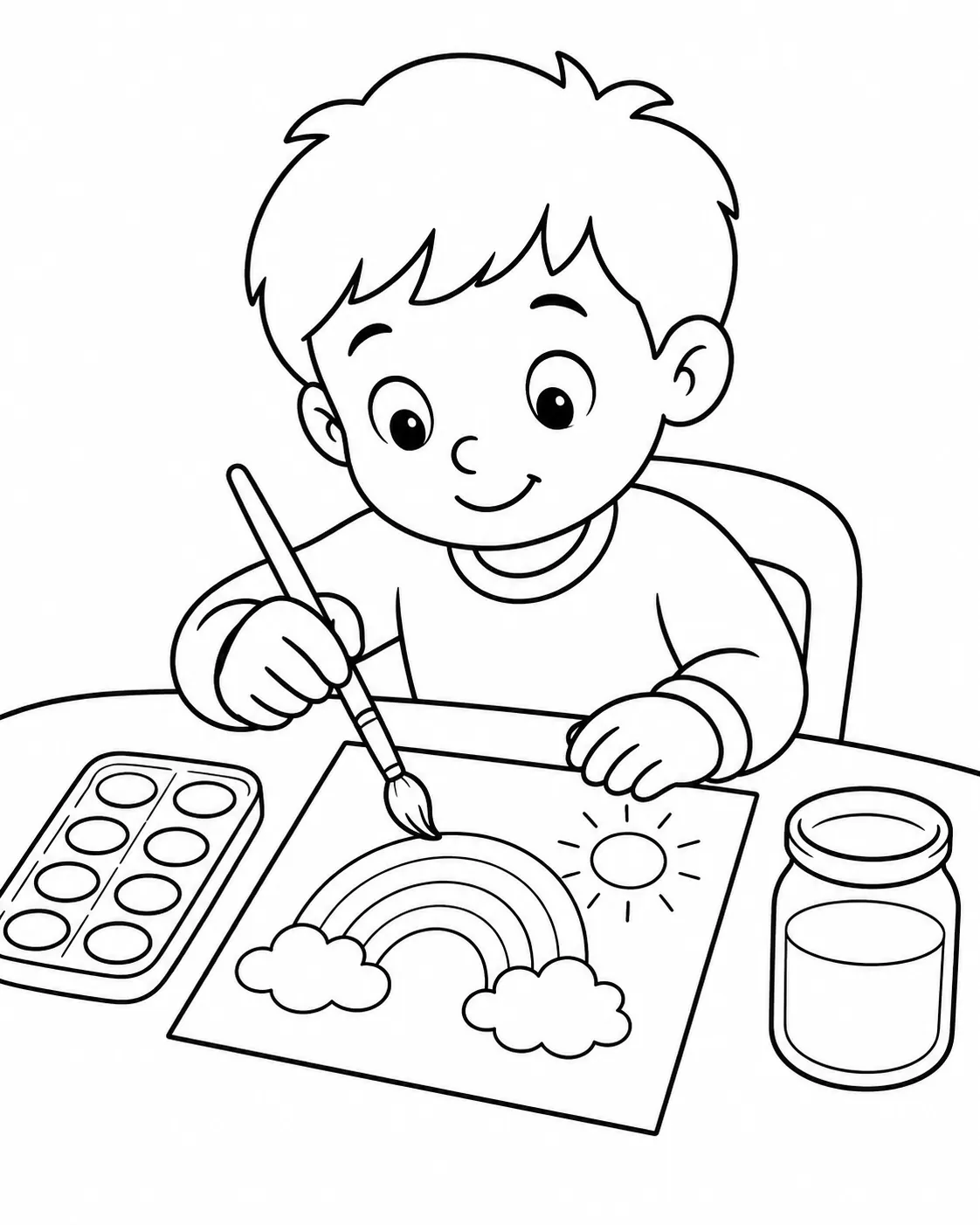 涂色页：孩子在桌旁用画笔和调色盘画水彩画