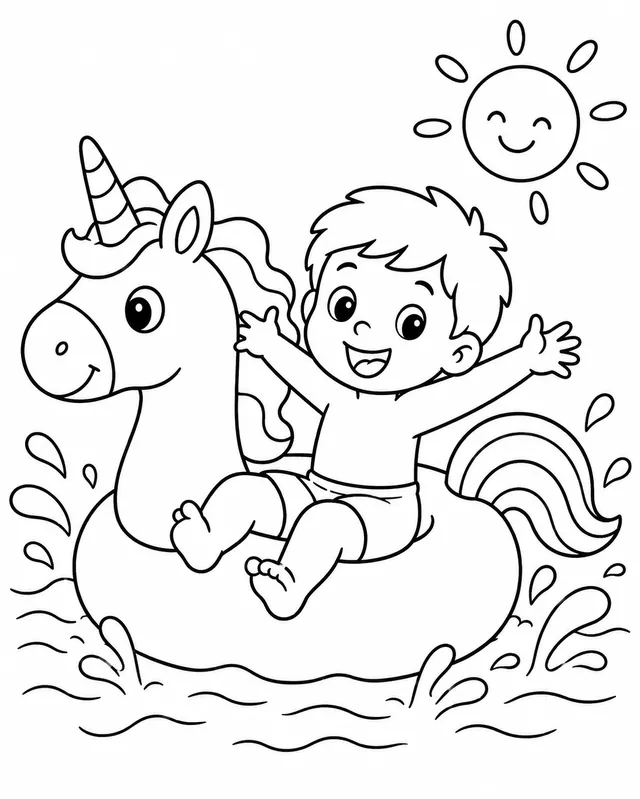 Kind reitet auf einem aufblasbaren Einhorn im Pool