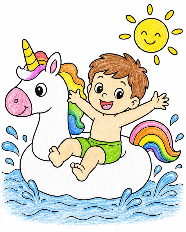 Kind sitzt jubelnd auf aufblasbarem Regenbogen-Einhorn im Schwimmbad