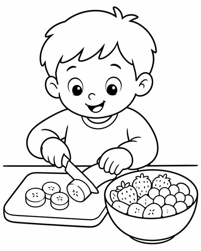 孩子切香蕉做水果沙拉