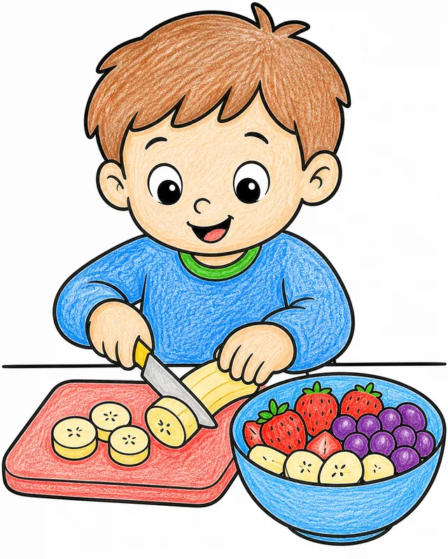 涂色模板：孩子将香蕉切入水果碗