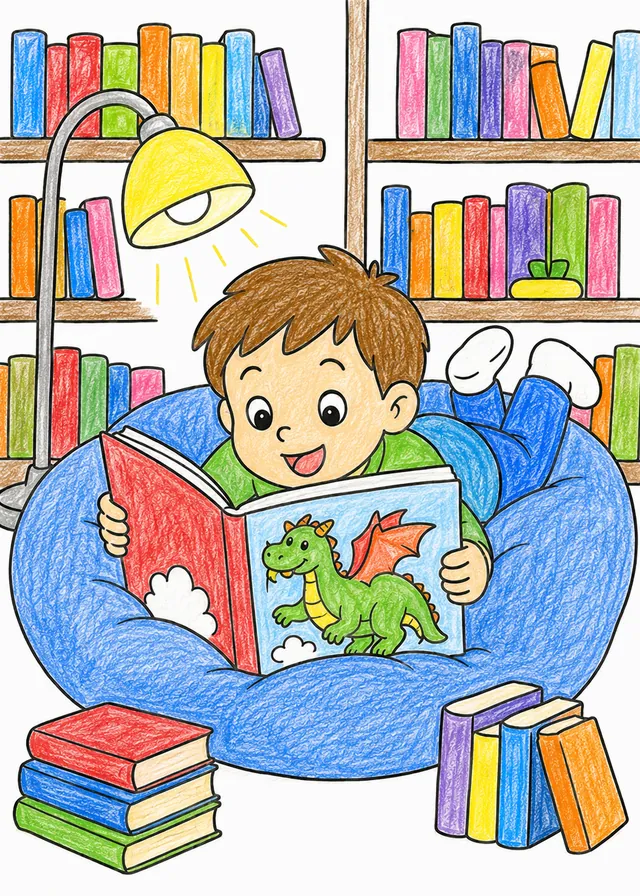 Kind liegt auf Sitzsack in Schulbibliothek und liest versunken großes Bilderbuch