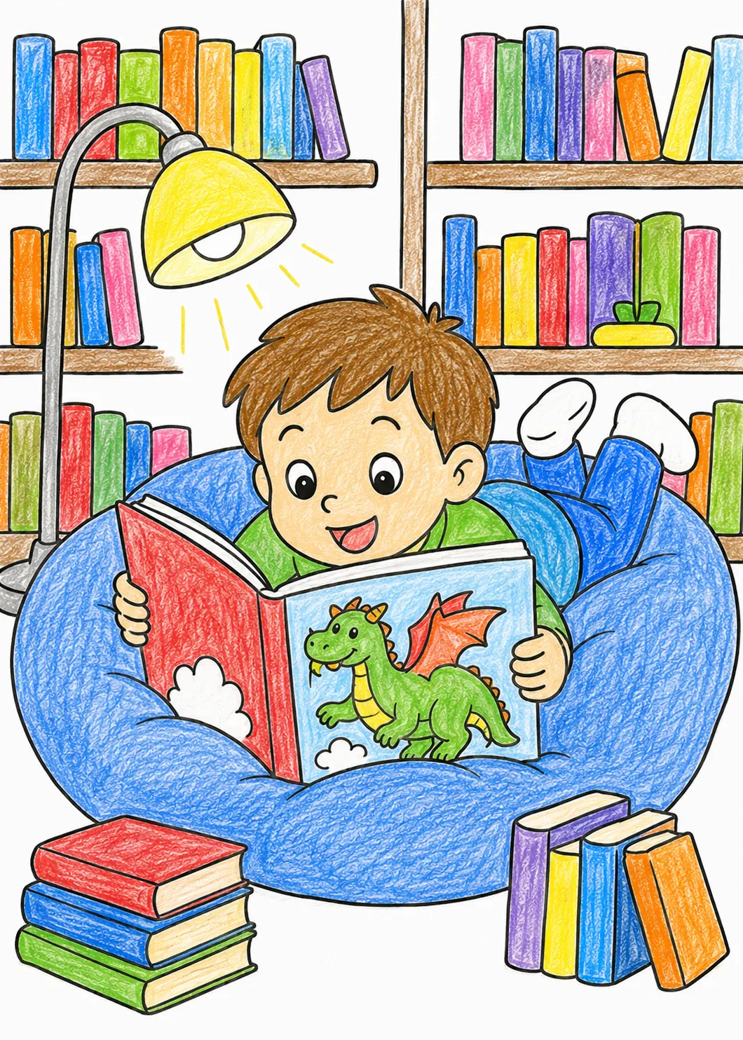 孩子趴在学校图书馆的地板上读一本大书