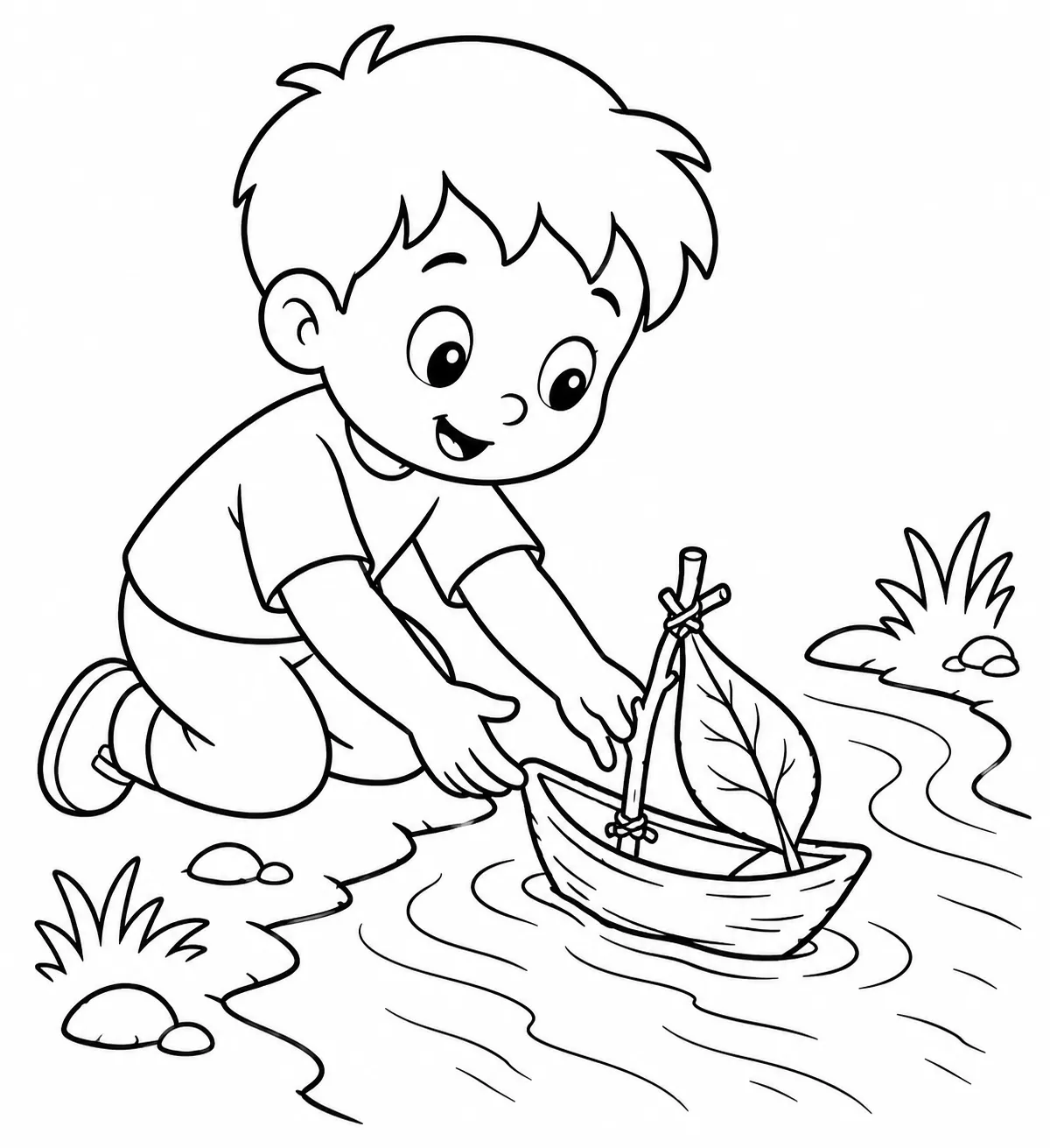 涂色页：孩子跪在溪边，将树枝和叶子做成的手工船放入水中