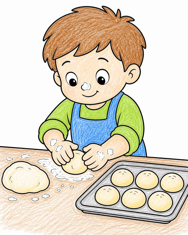 Ausmalseite: Kind mit mehligen Händen formt kleine runde Brötchen auf bemehltem Tisch