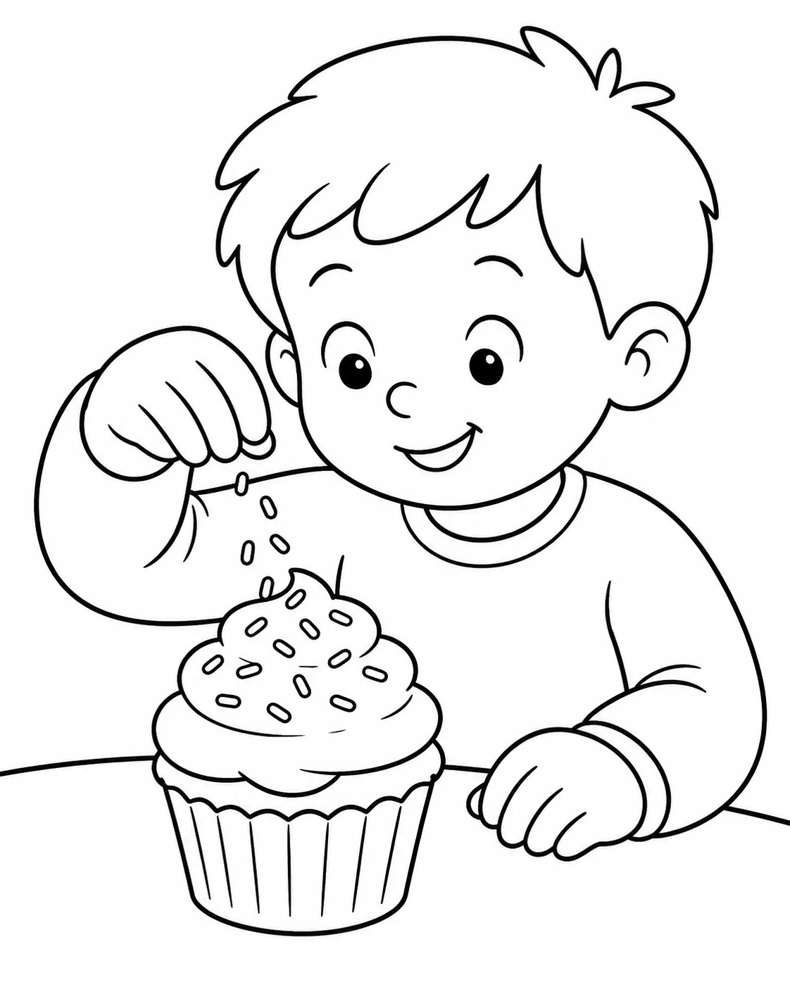 Ausmalvorlage: Kind bestreut einen Cupcake mit bunten Streuseln