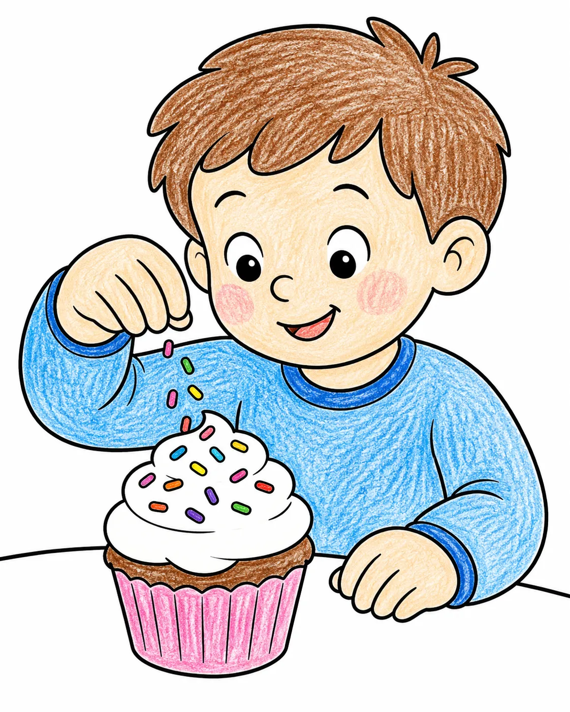 Kind dekoriert Cupcake mit Streuseln
