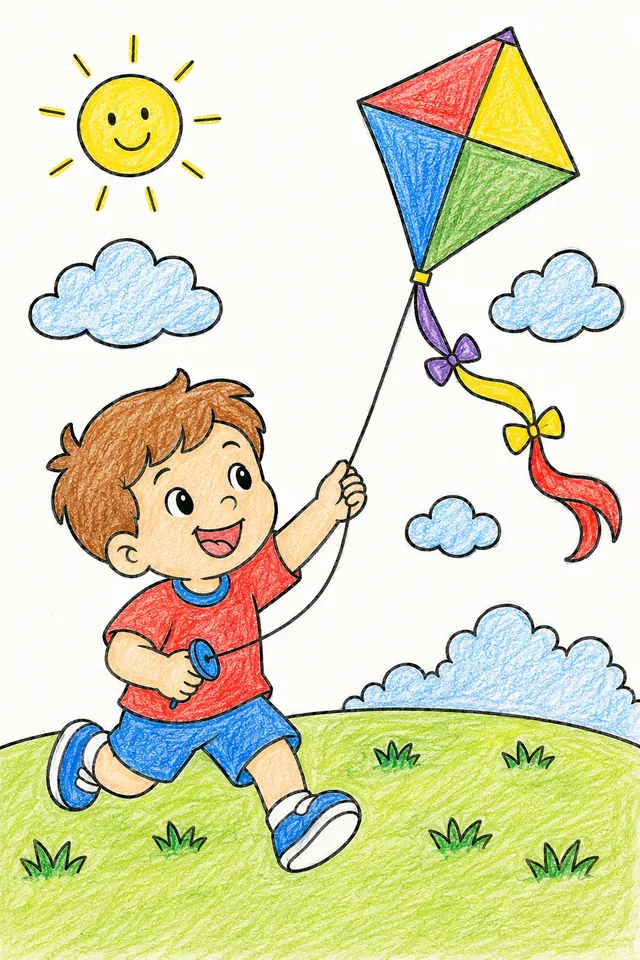 Kind rennt und hält Schnur eines bunten Drachens der hoch im Himmel fliegt