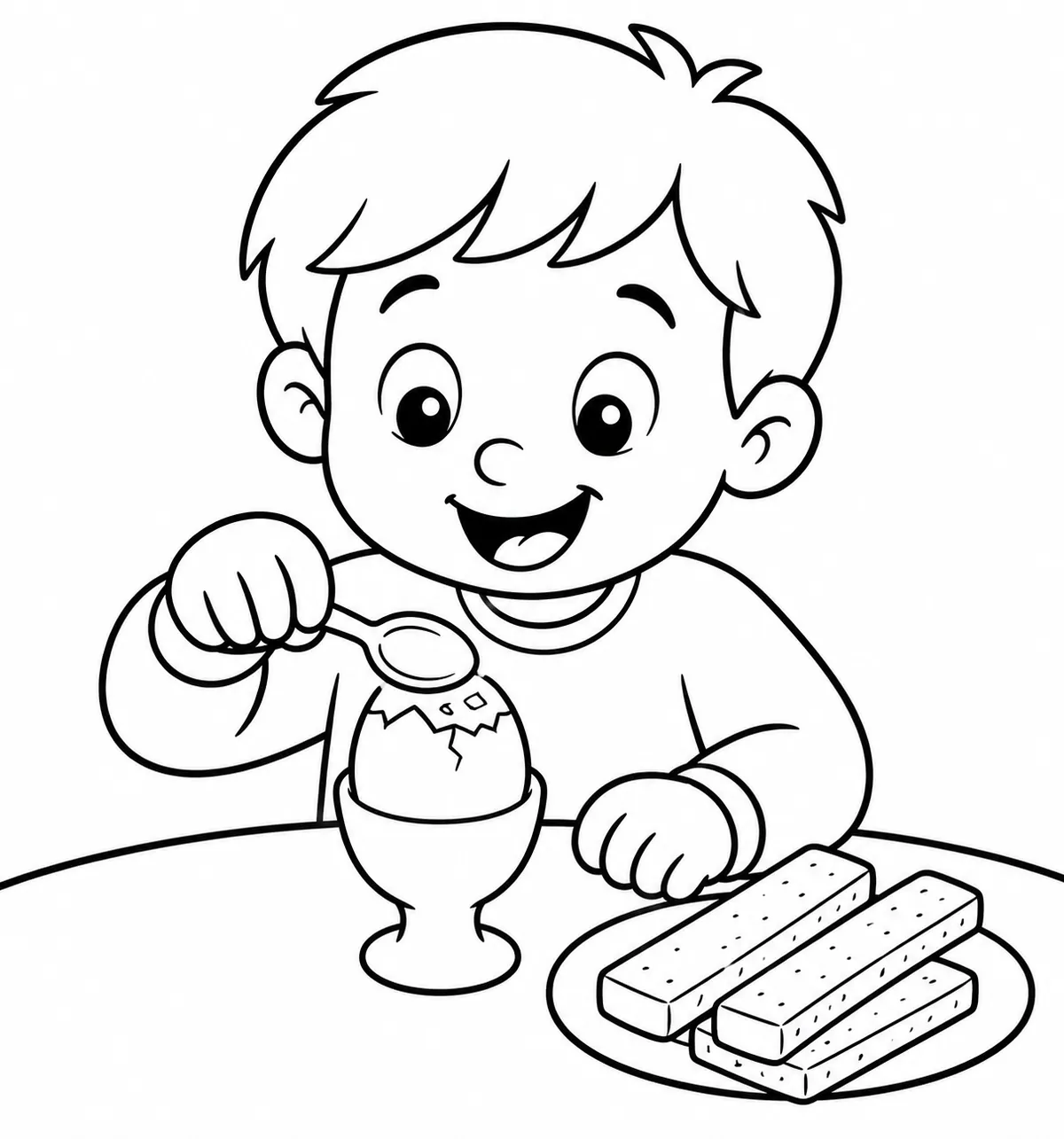 Ausmalseite: Fröhliches Kind klopft mit Löffel auf weiches Ei im Eierbecher, Toaststreifen daneben