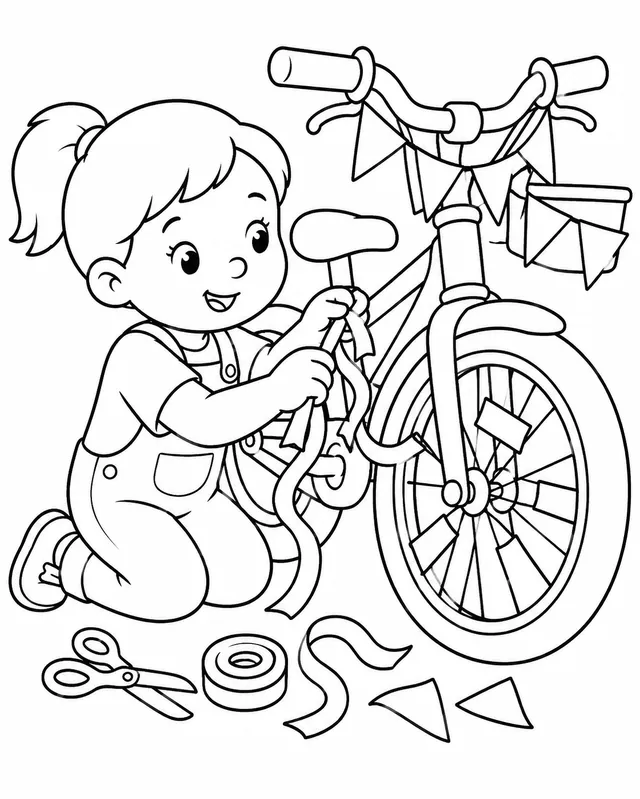 Kind schmückt sein Fahrrad mit bunten Girlanden und Fähnchen