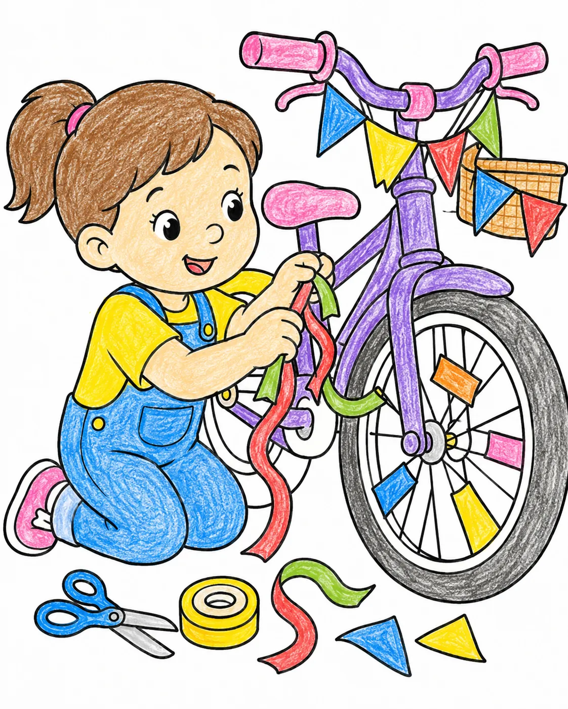 Child Decorating Their Bike with Colorful Garlands and Pennants