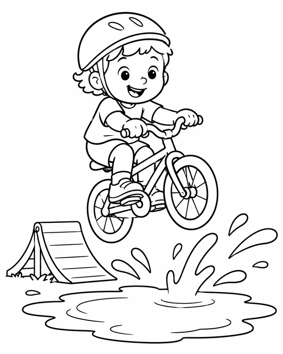 Kind auf kleinem Fahrrad springt grinsend über eine große Pfütze