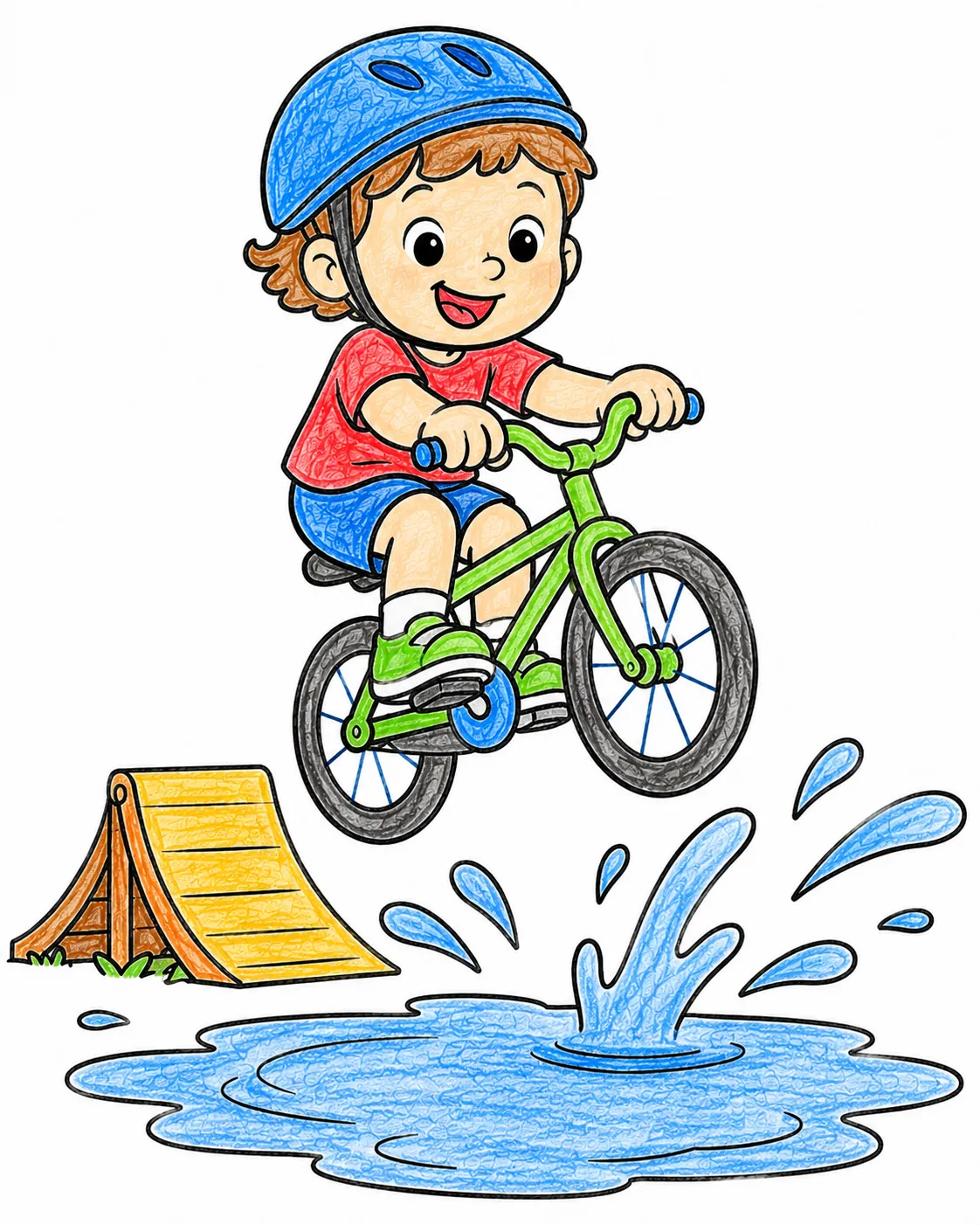 Kind springt mit dem Fahrrad über eine große Pfütze