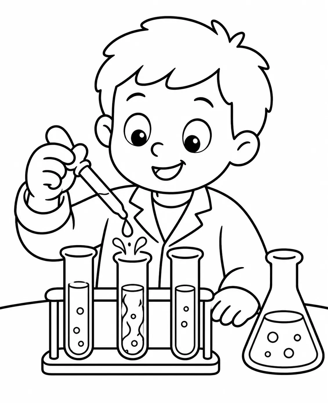 涂色模板：孩子用滴管在试管中混合彩色液体