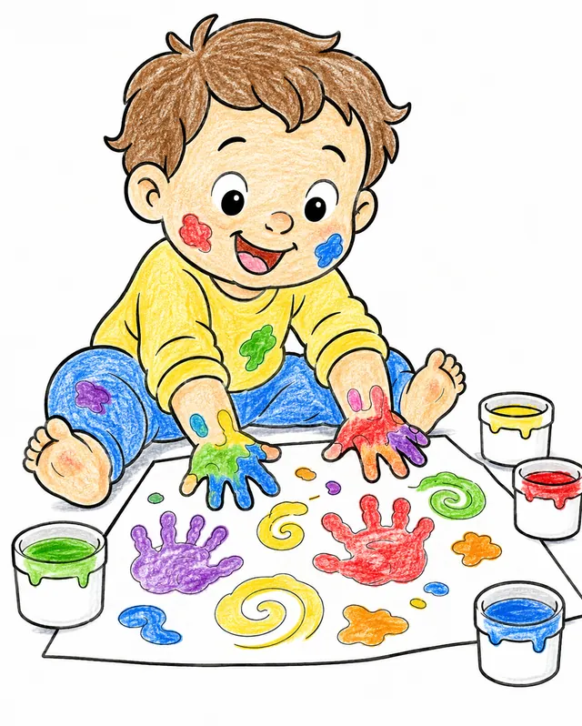 Ausmalbild: Kind drückt bunte Fingerfarben-Händeabdrücke auf großen Papierbogen