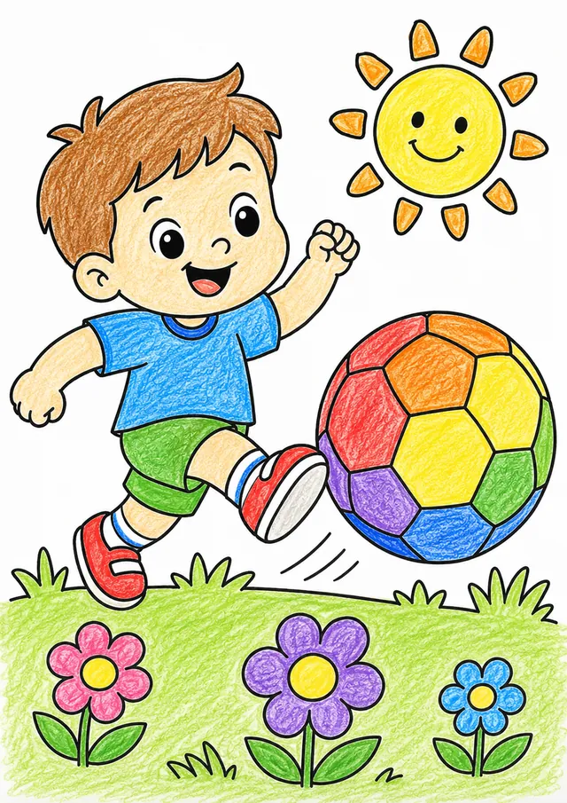 Kind tritt einen großen bunten Fußball auf einer sonnigen Wiese